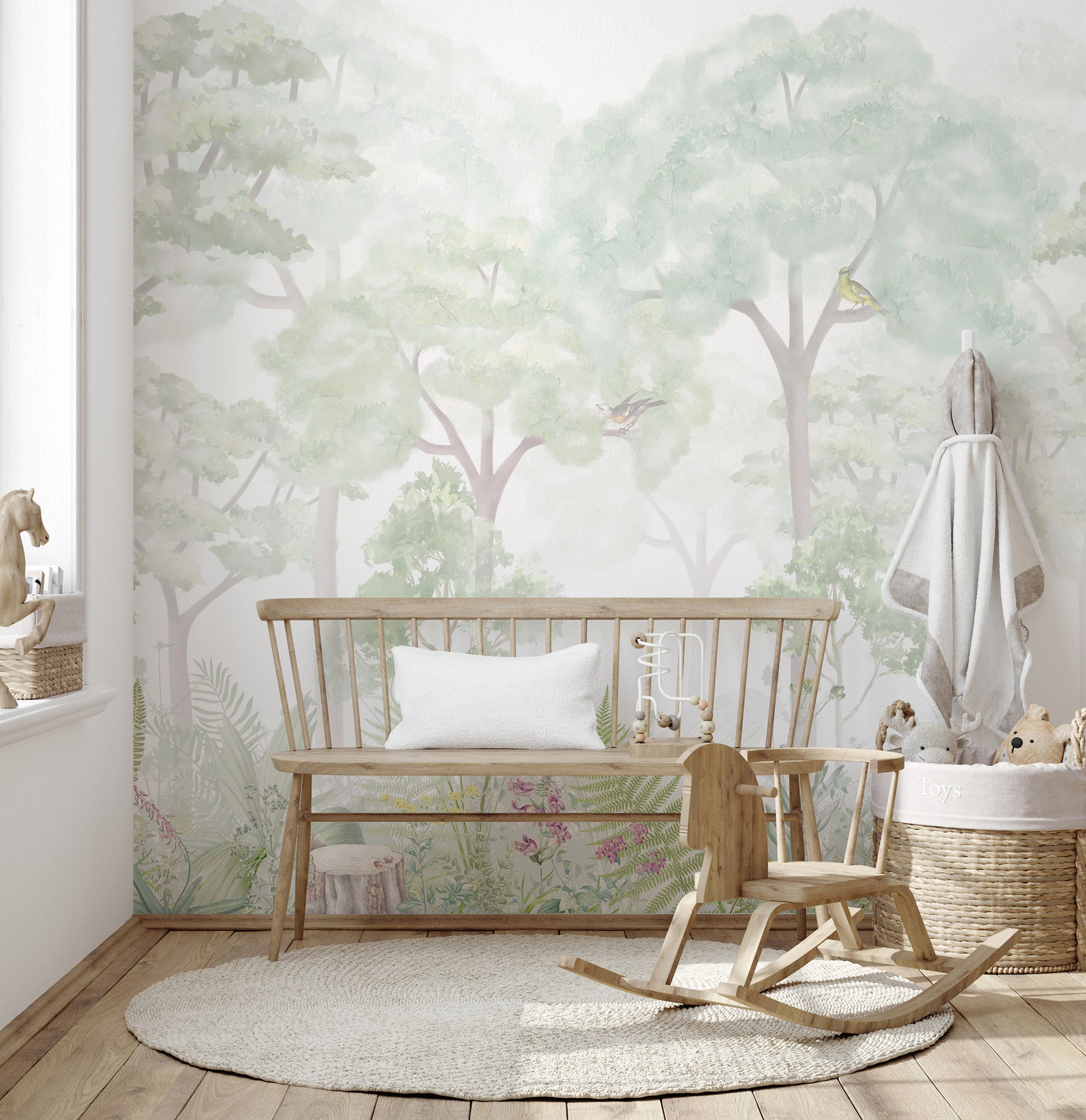 Lush serene woodland wallpaper mural for tranquil rooms