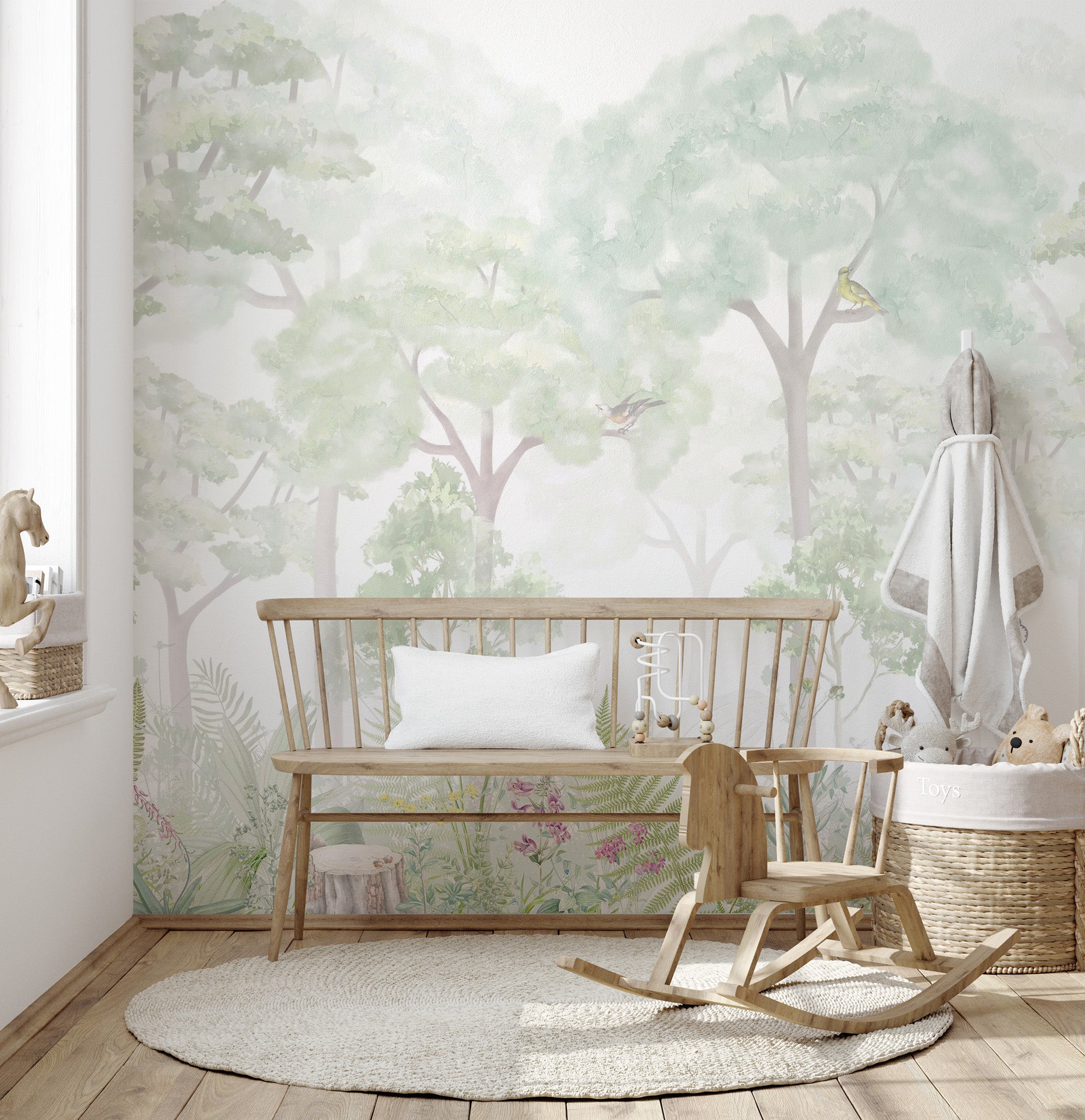 Lush serene woodland wallpaper mural for tranquil rooms