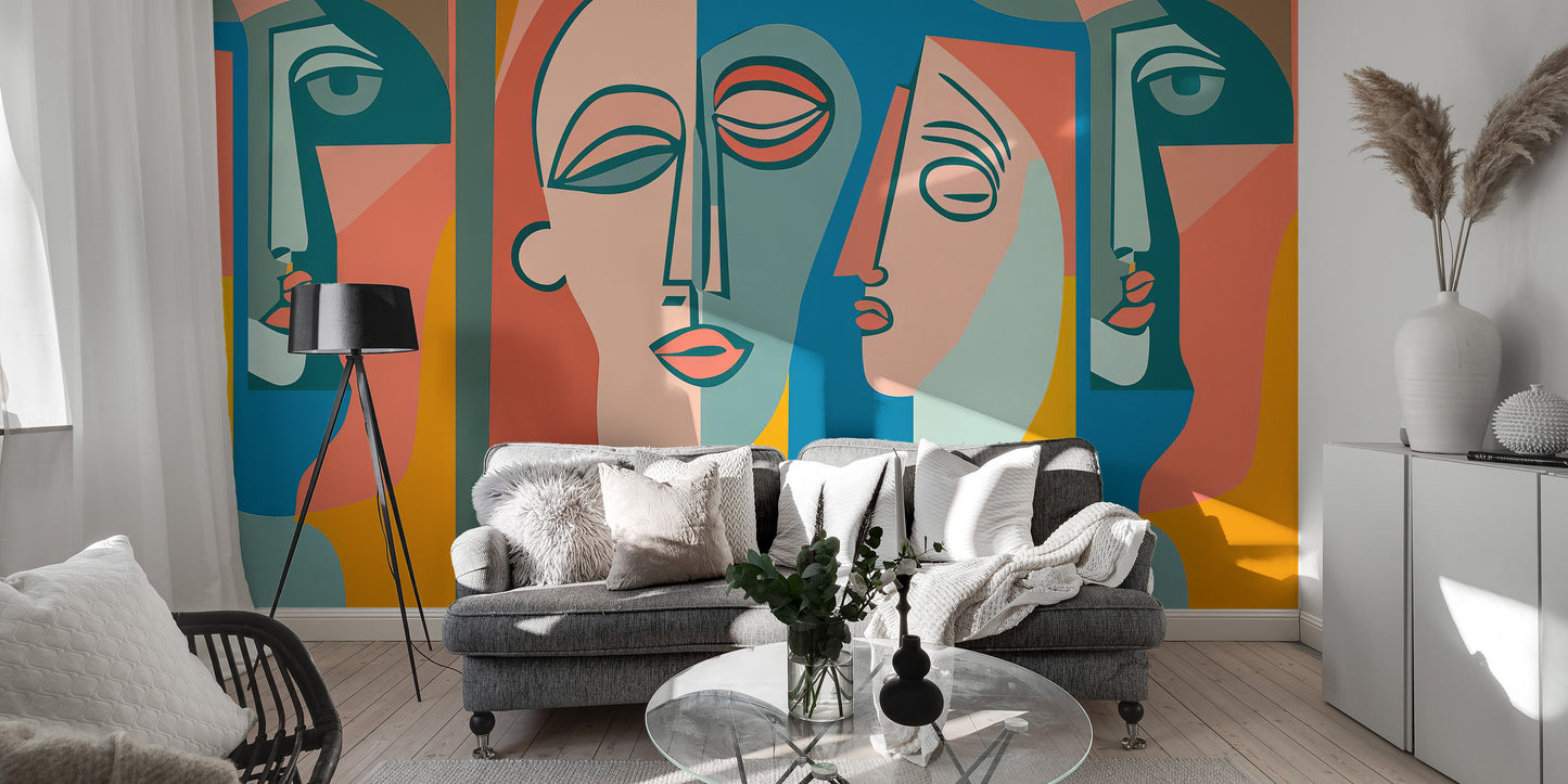 Vibrant wall mural featuring artistic faces in bright hues