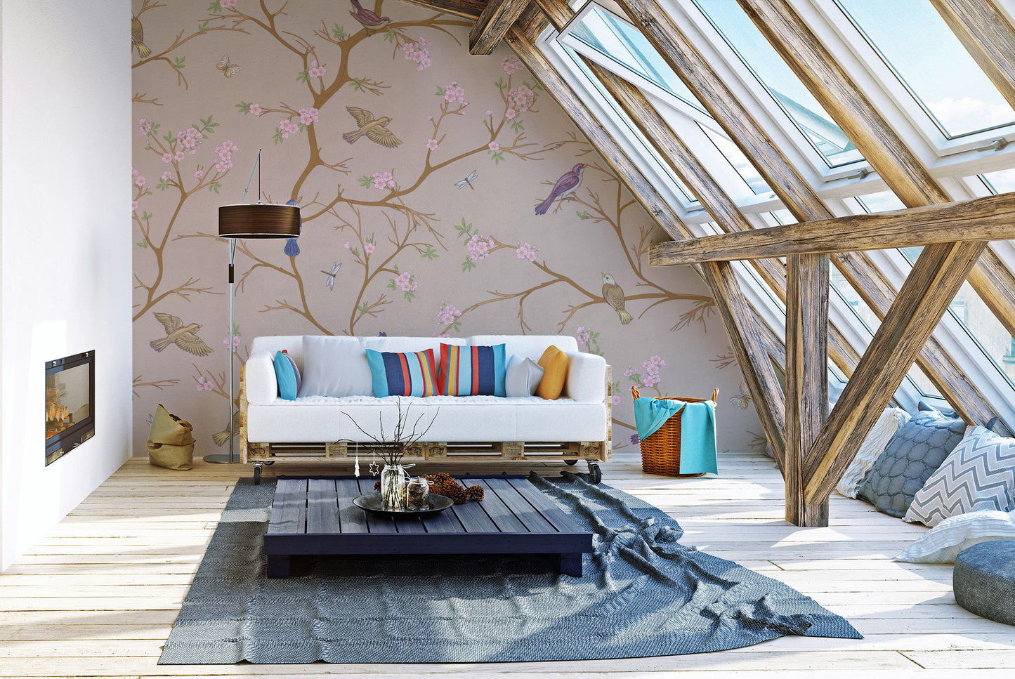 Tranquil beige blossom and bird wall mural for decor