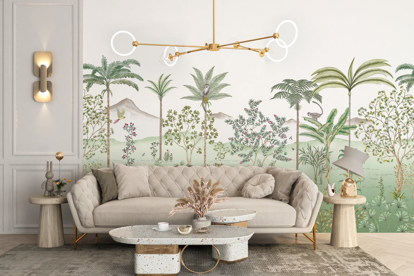 Green chinoiserie wallpaper with tropical elegance