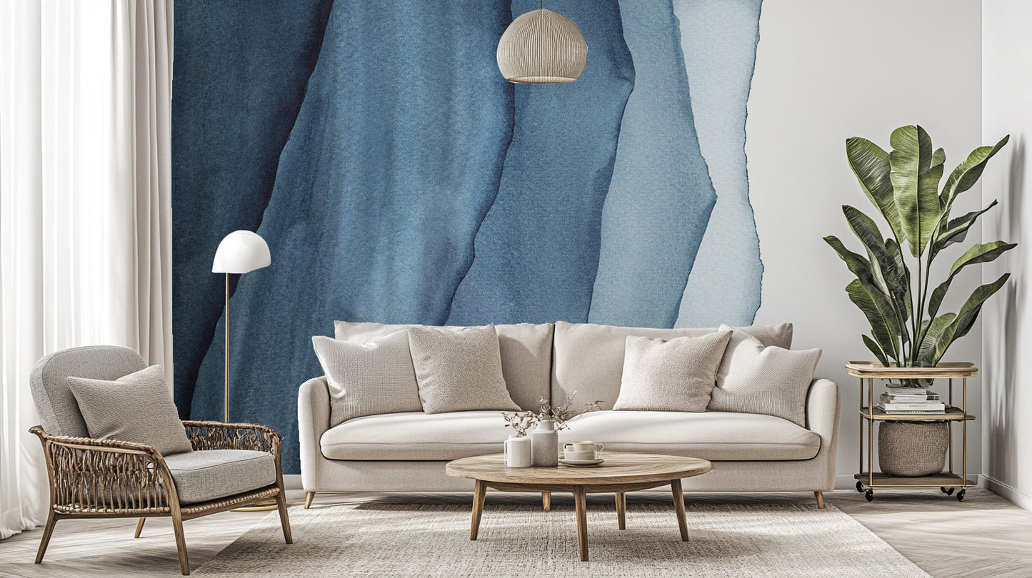 Artistic mural featuring serene blue waves in abstract forms