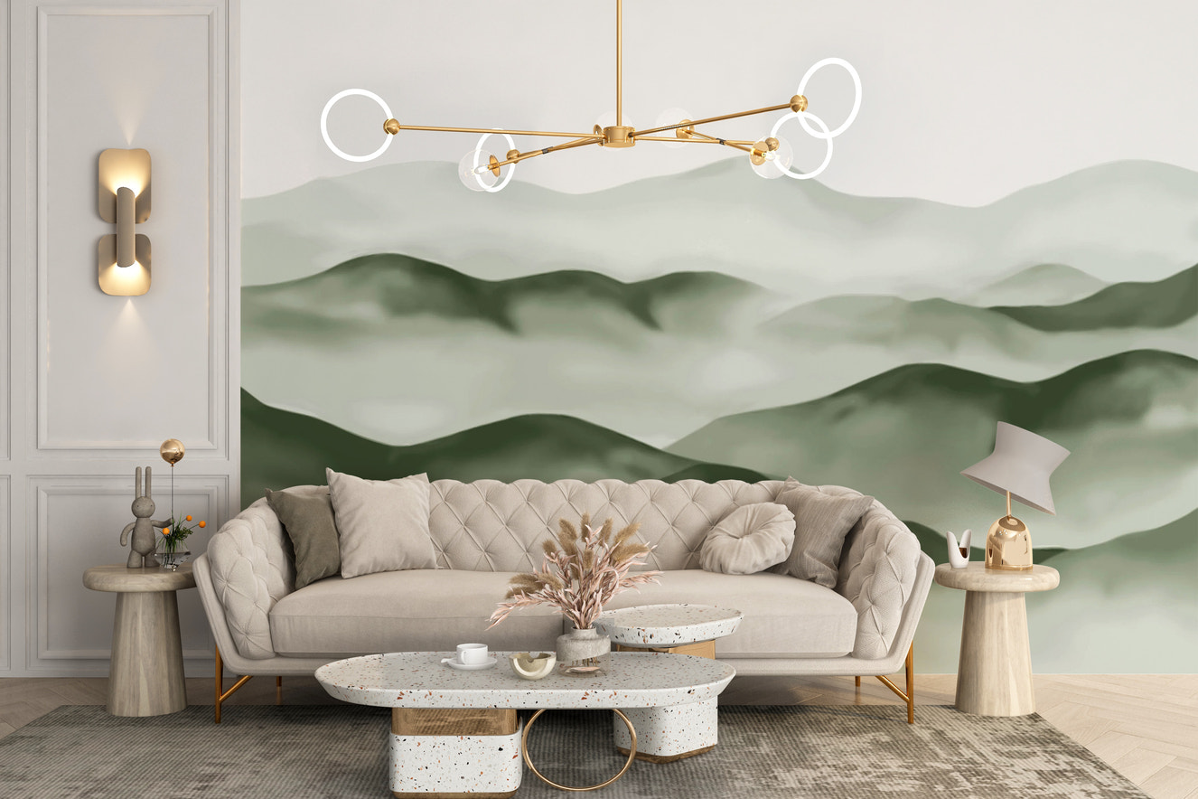Serene green misty mountain wallpaper for tranquil rooms