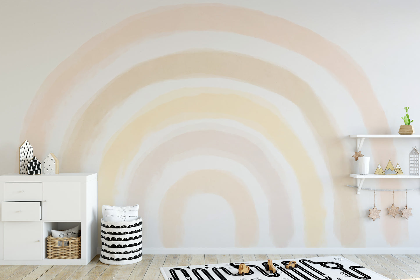 Colorful sunrise mural featuring a soft rainbow gradient