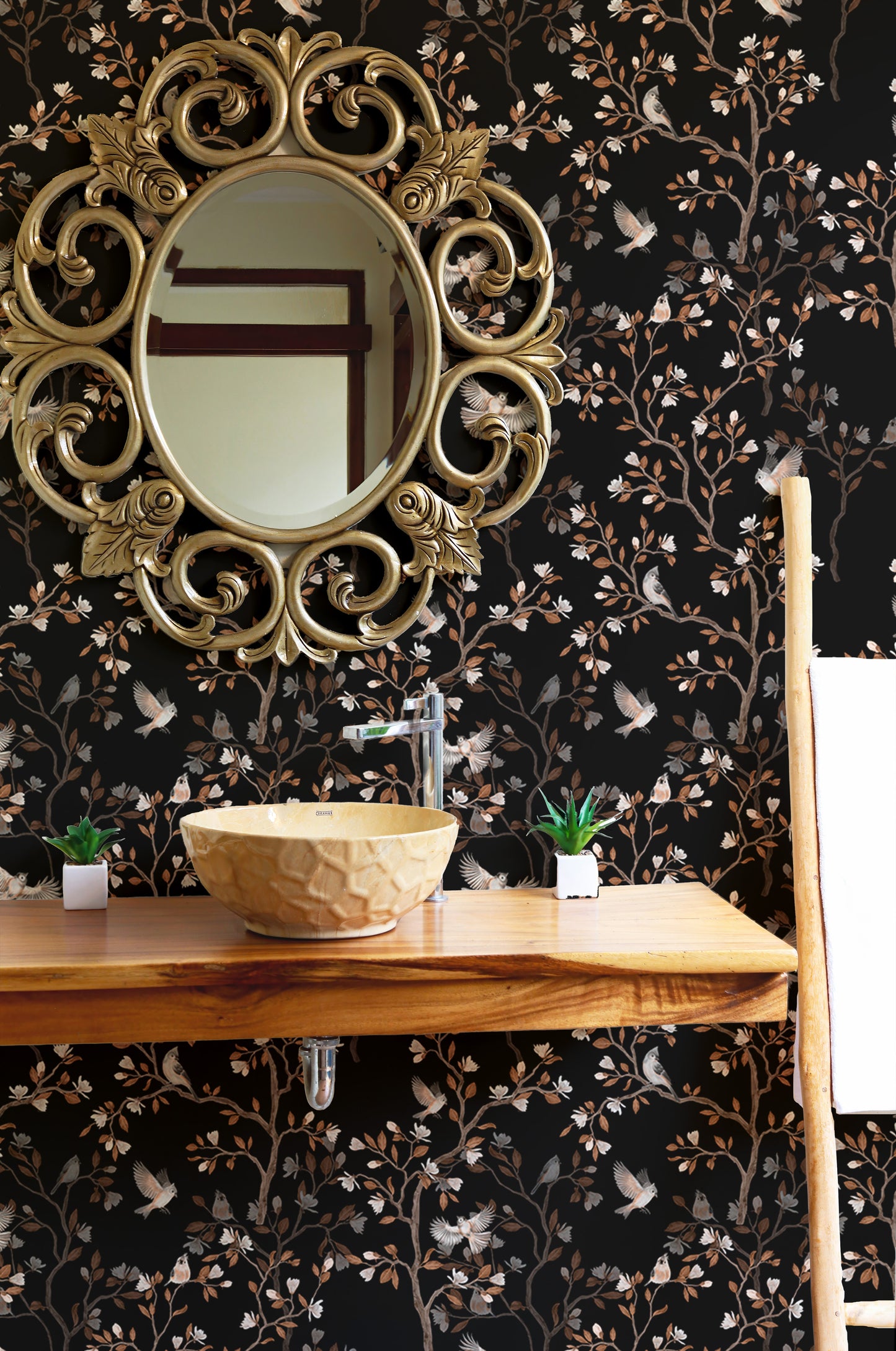 Black Color Chinoiserie Repeat Pattern Magnolia Tree Birds Wallpaper