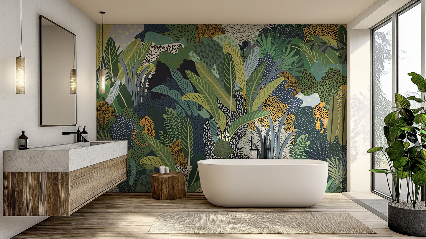 Jungle cat mural with detailed tropical foliage and wildlife