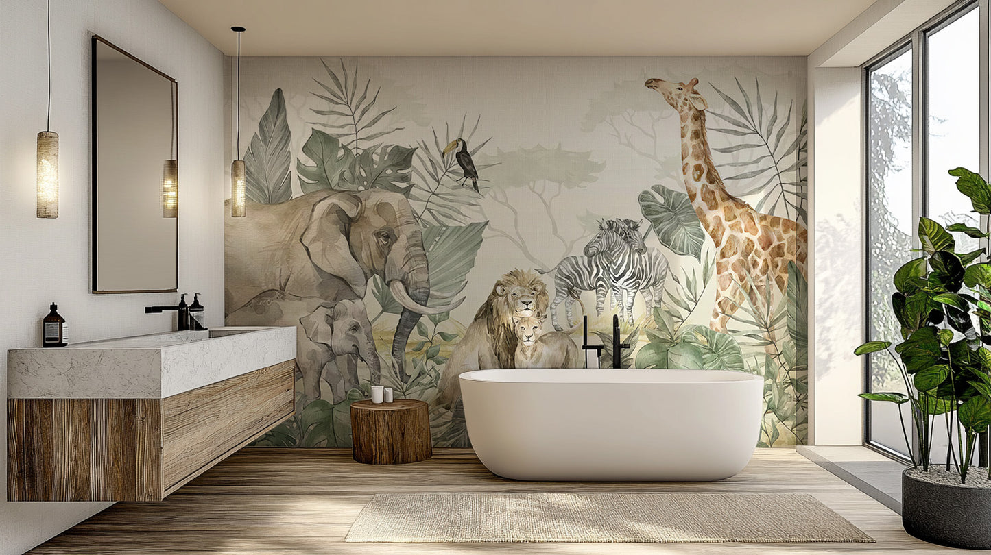 Tropical mural featuring jungle animals and vivid foliage