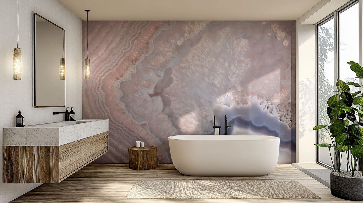 Soft rose quartz mural creating a peaceful and refined space