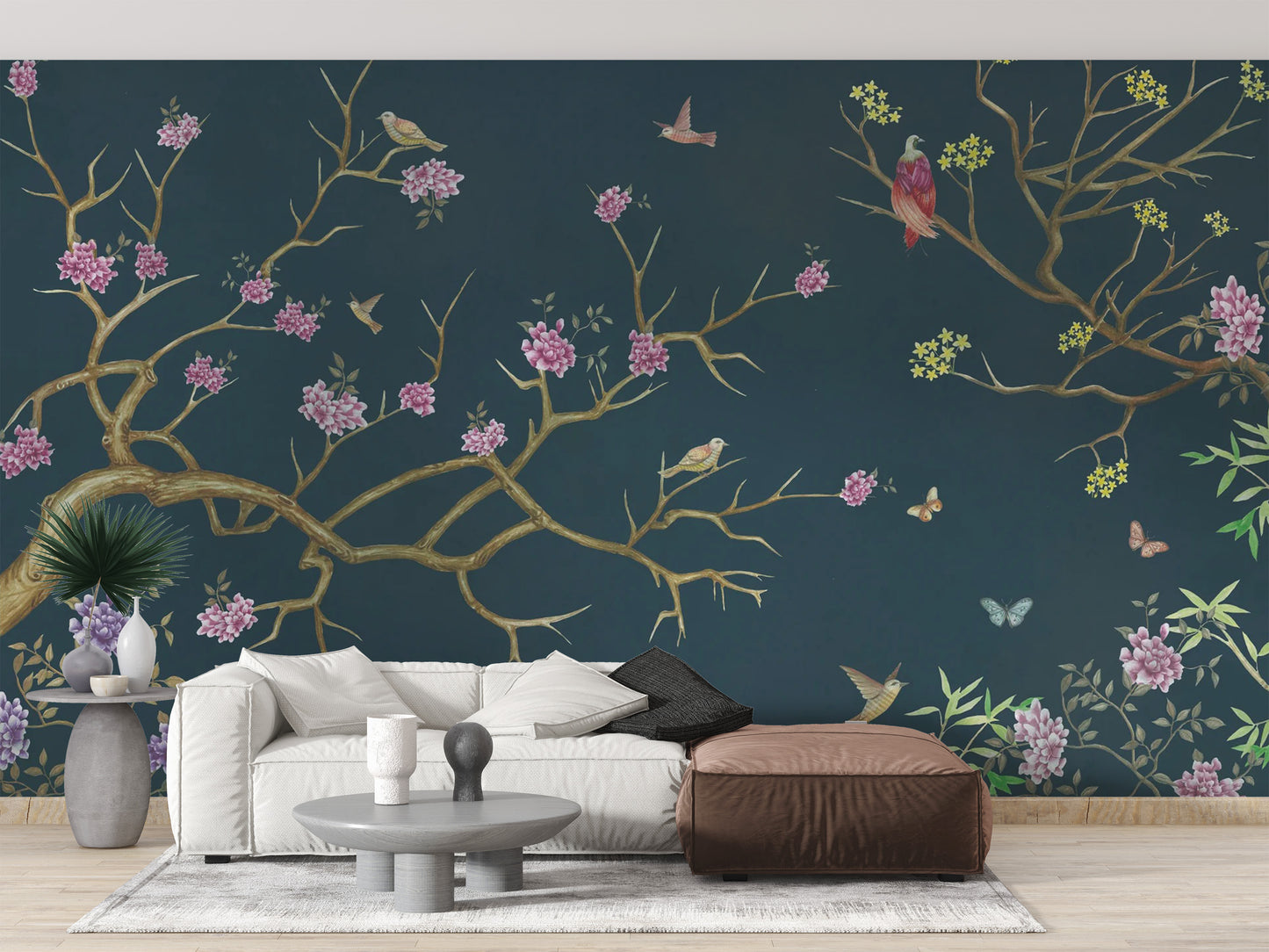 Beautiful dark blue chinoiserie wallpaper for serene rooms