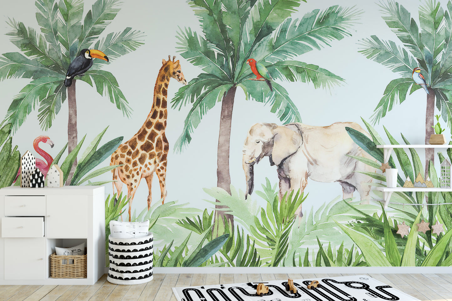 Colorful watercolor animals mural for playrooms