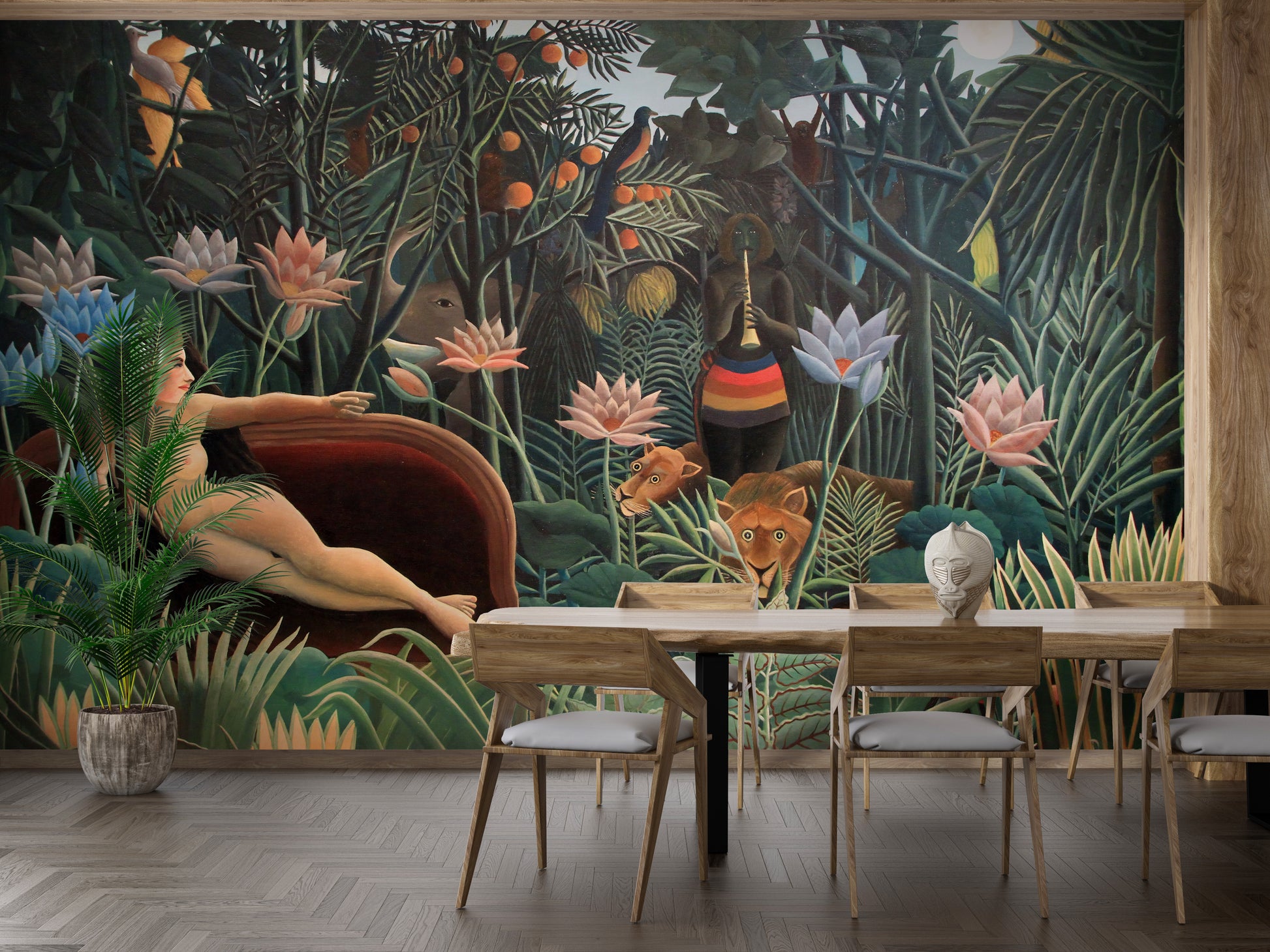 Wilderness wall mural with tribal patterns