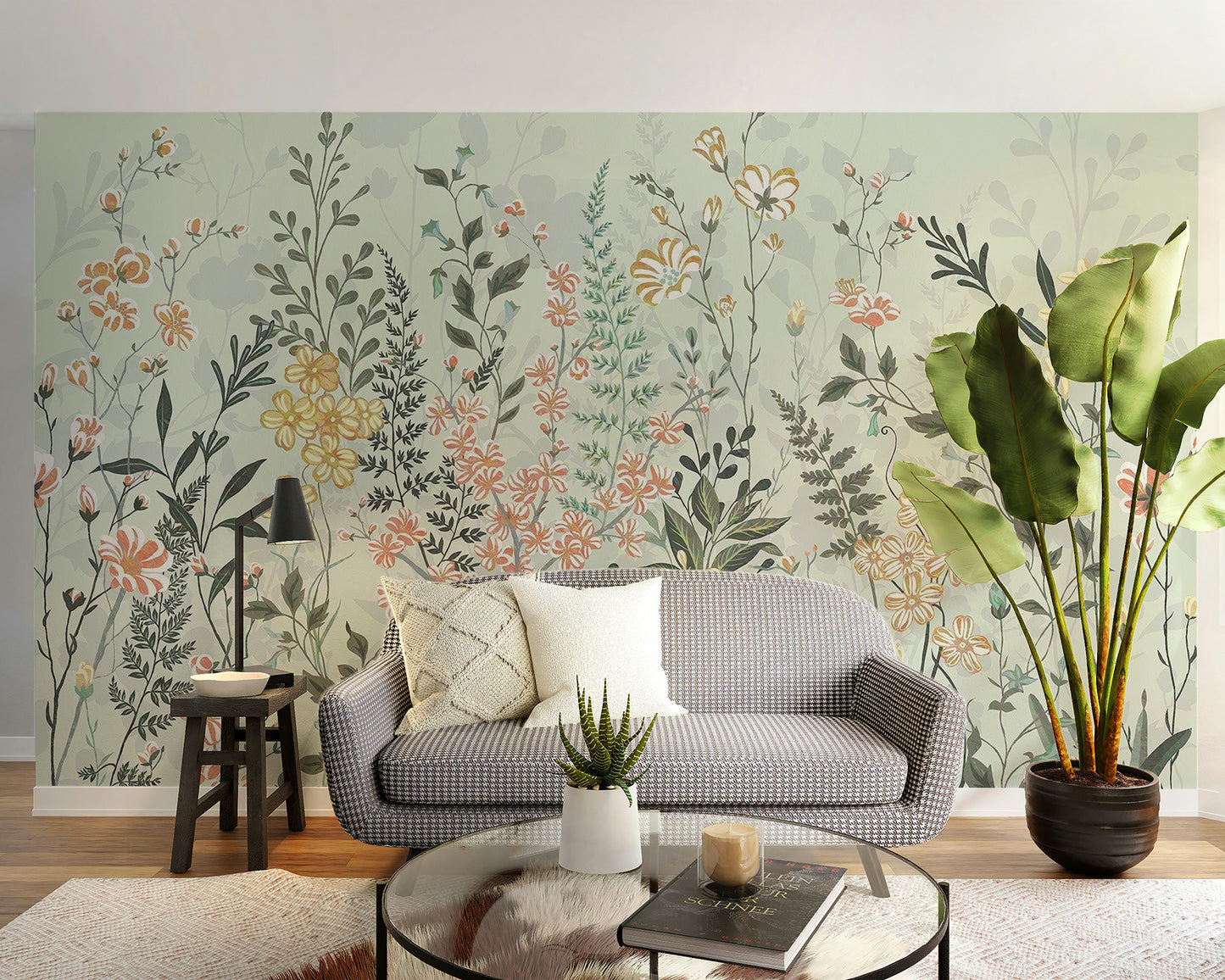 Lush flower meadow mural with watercolor artistry