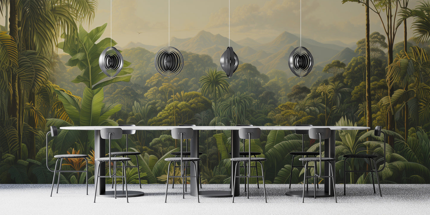 Lively dense green rainforest wallpaper for peaceful rooms