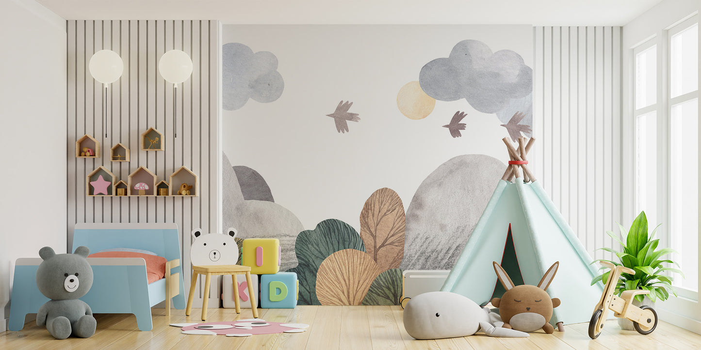 Abstract nature mural with soothing tones