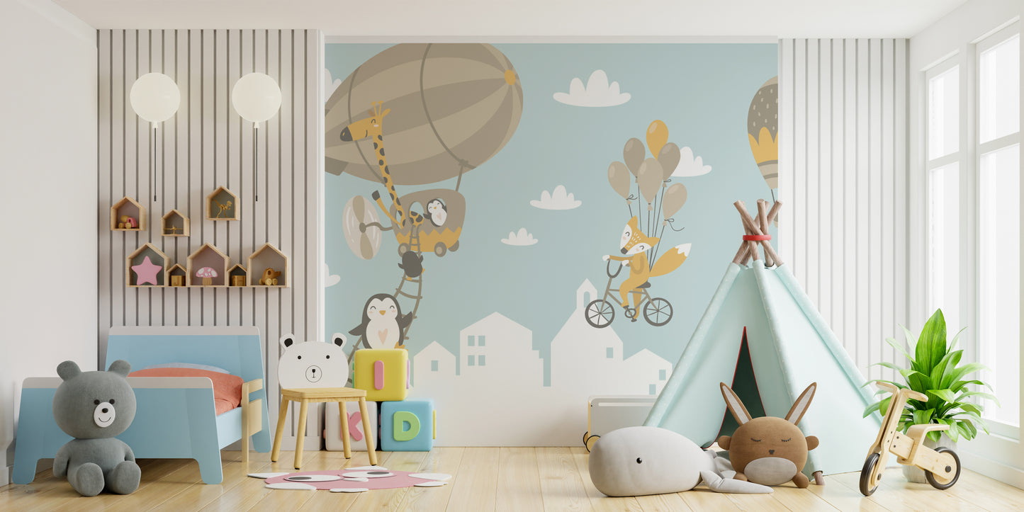 Penguin and fox in whimsical balloon safari