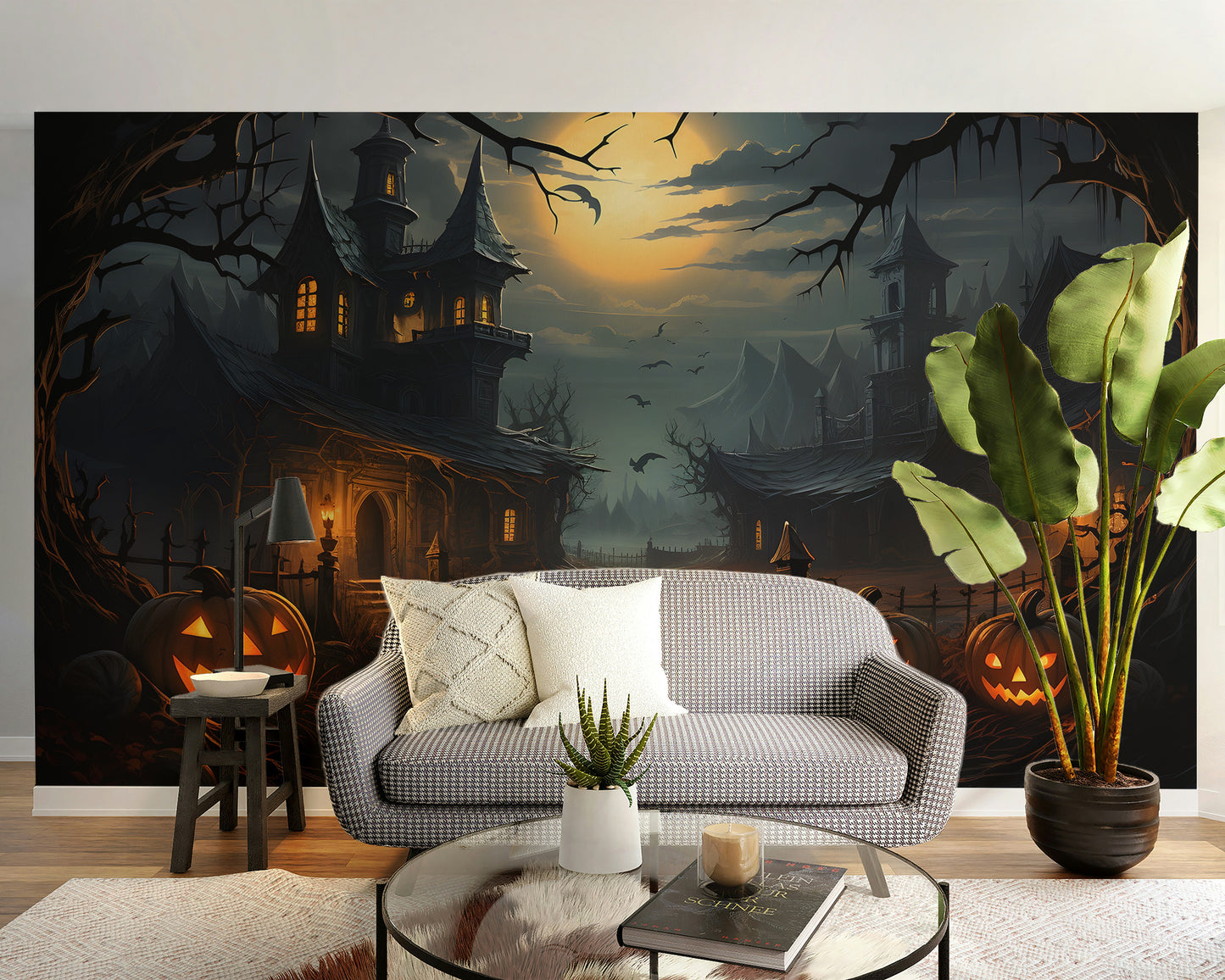Gothic haunted house mural for mysterious wall decor