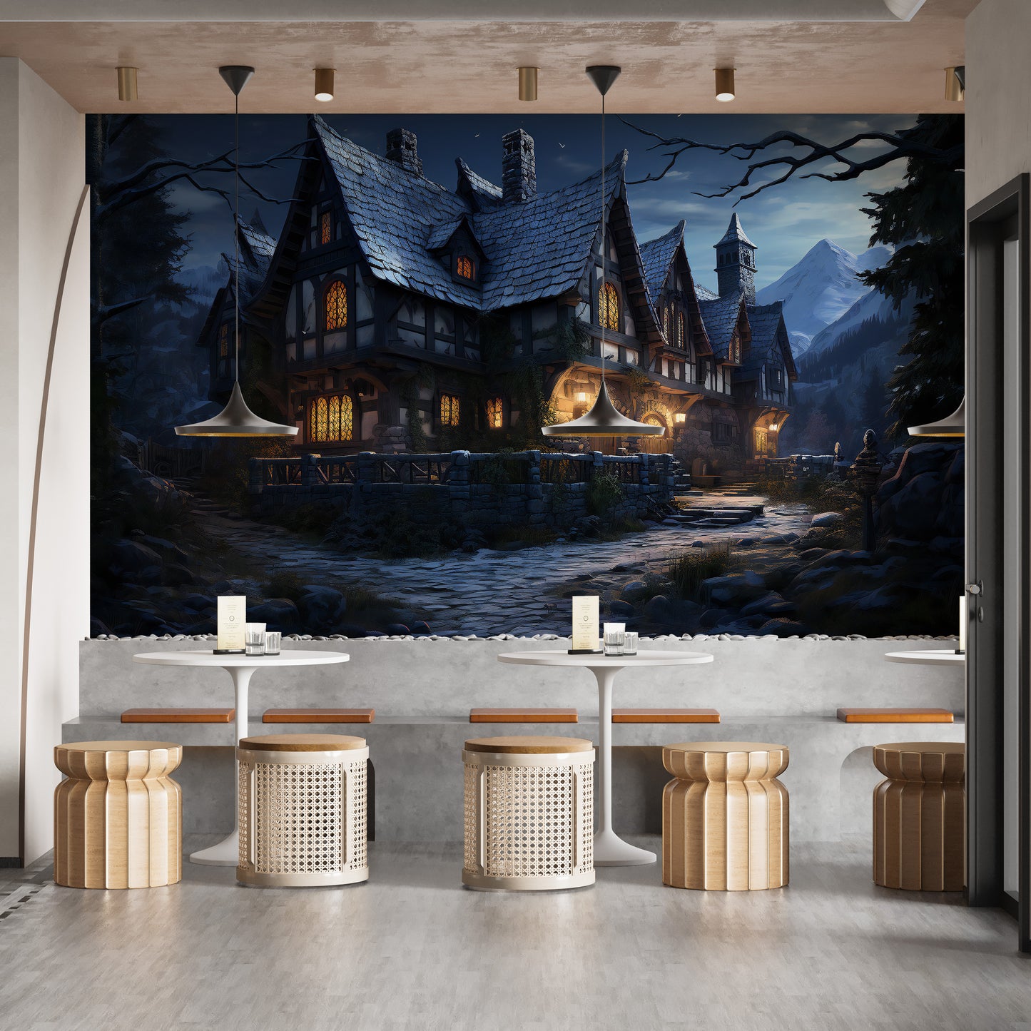 Gothic-inspired haunted cottage mural for dramatic decor