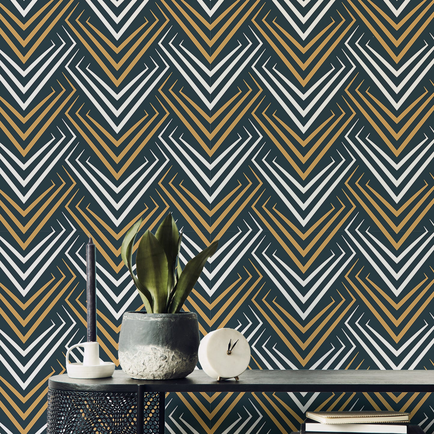 Yellow and White Vintage Abstract Art Deco Wallpaper