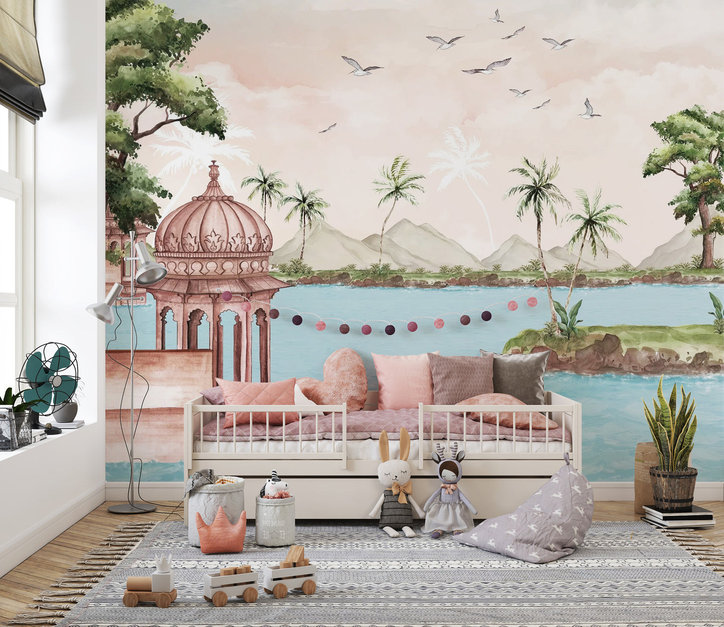 Tranquil lakeside mural for relaxing and modern spaces