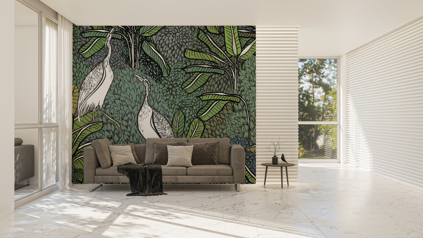 Elegant white cranes in greenery mural