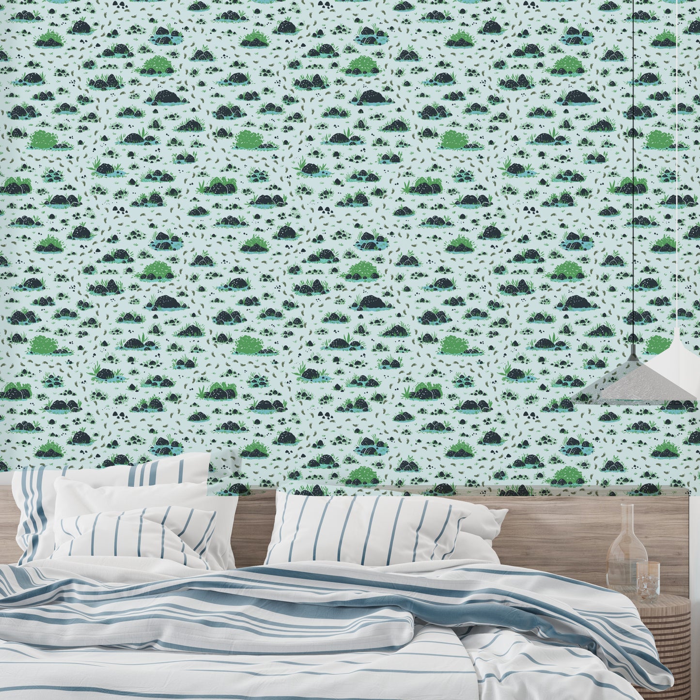 Scenic wallpaper featuring whimsical bushes and footprint motifs