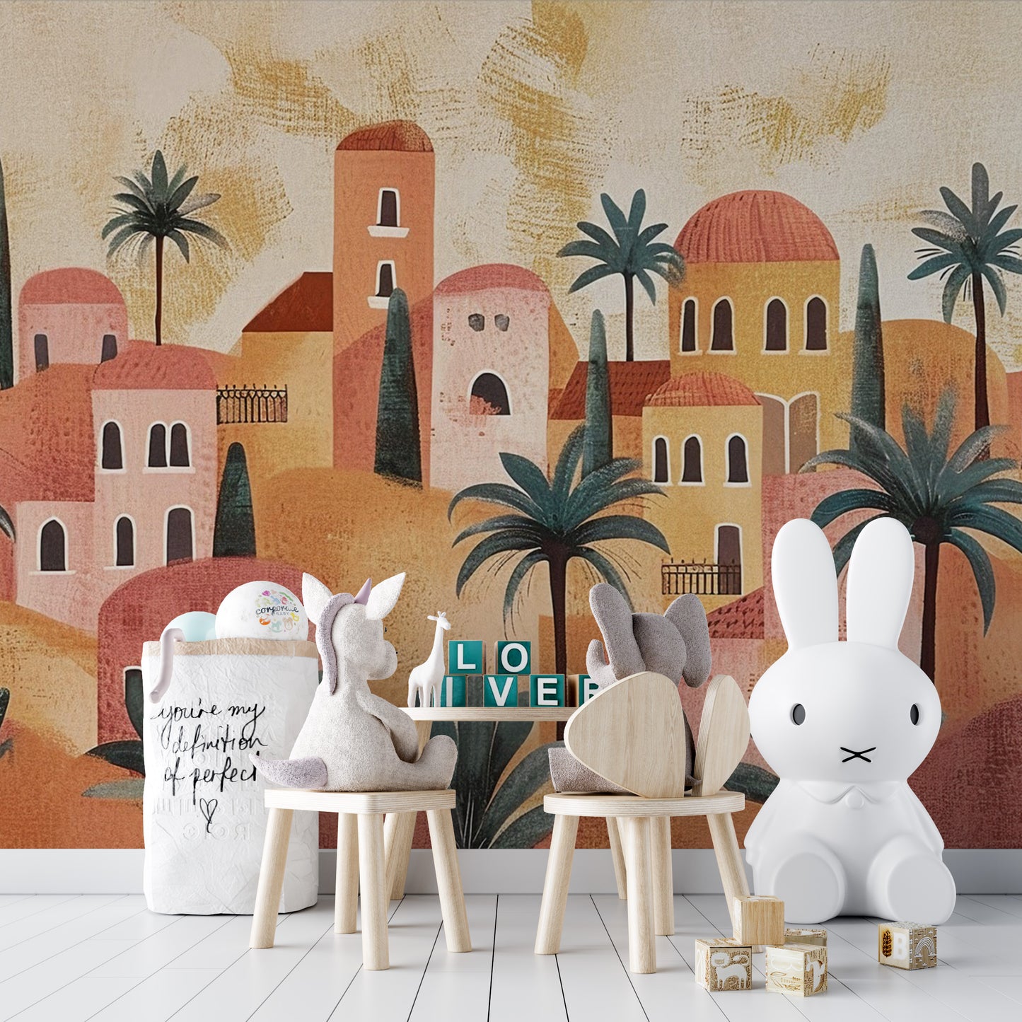 Tranquil oasis village mural with desert landscape views.