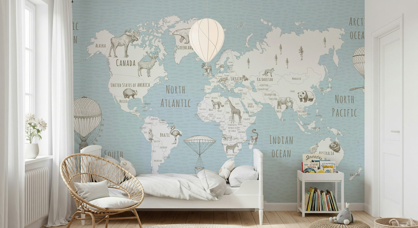 Whimsical World Map Wall Mural