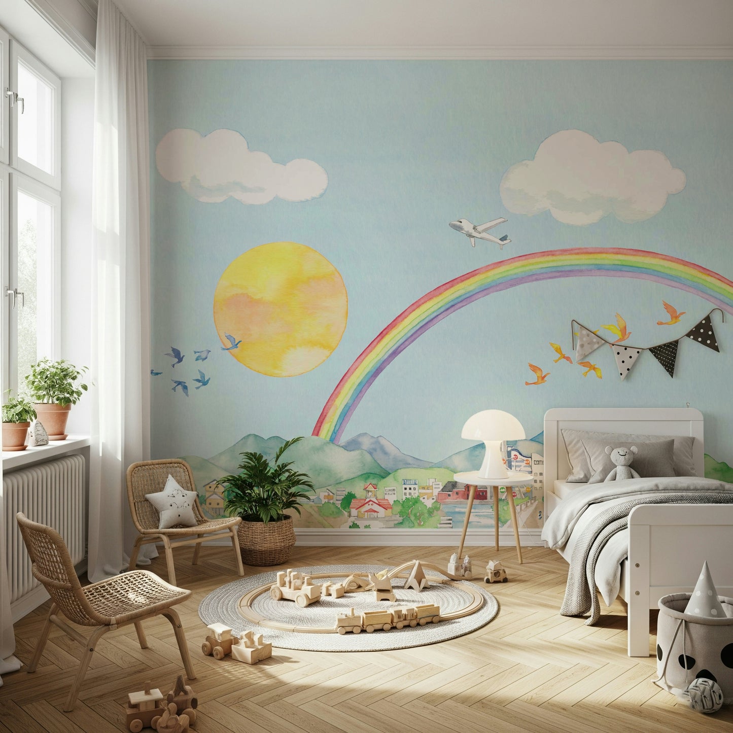 Rainbow Flight A Cityscape in Watercolor Wall Mural
