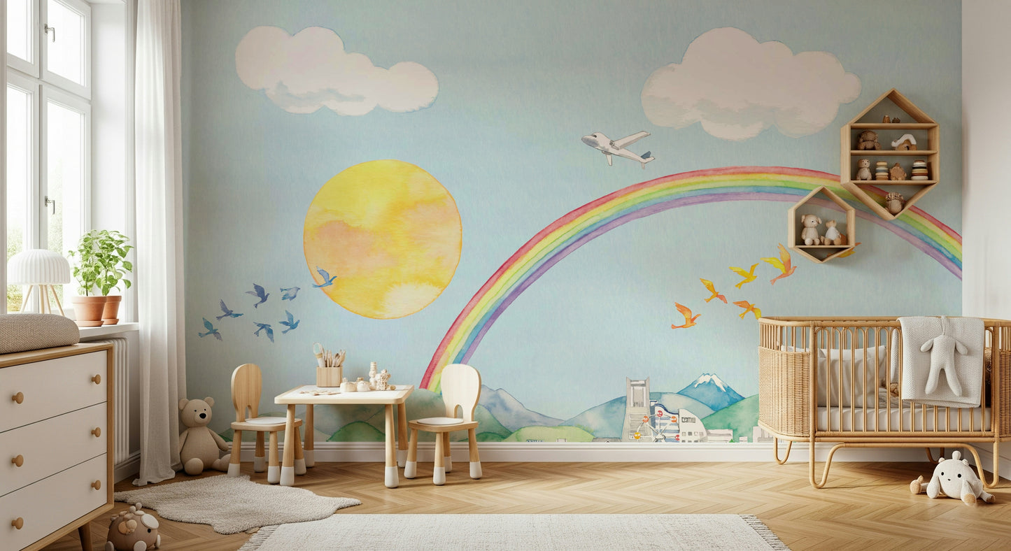 Rainbow Flight A Cityscape in Watercolor Wall Mural