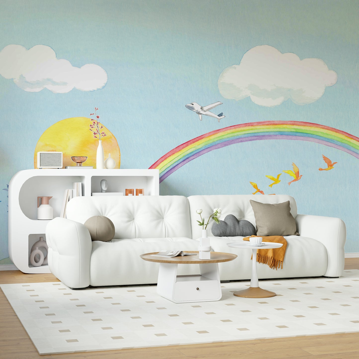 Rainbow Flight A Cityscape in Watercolor Wall Mural