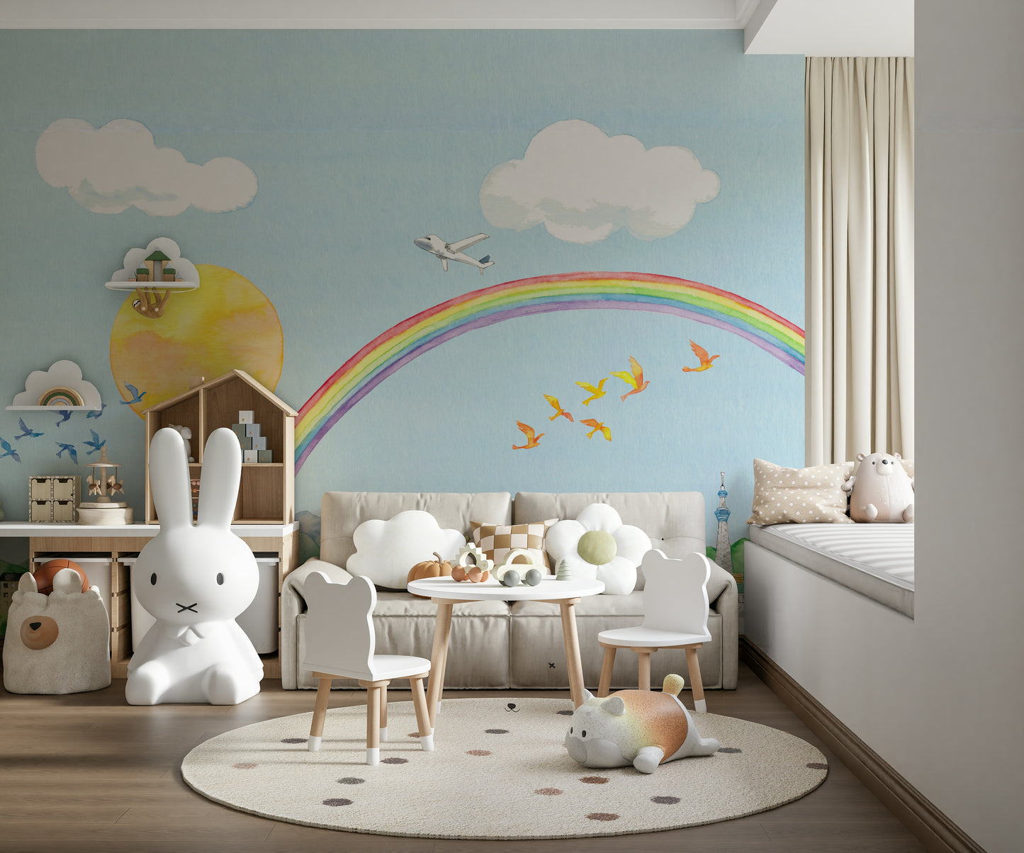 Rainbow Flight A Cityscape in Watercolor Wall Mural