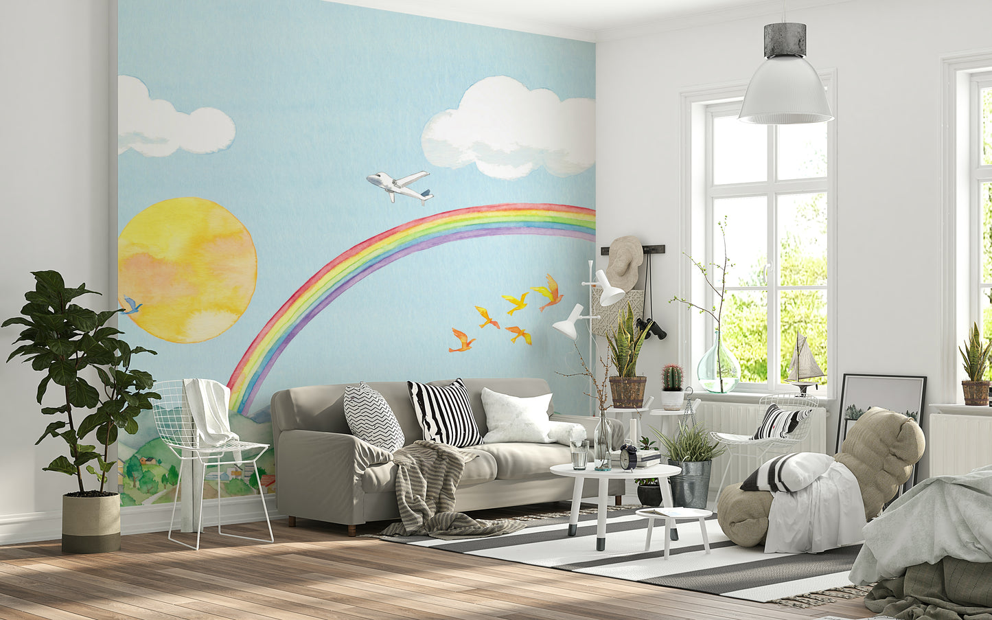 Rainbow Flight A Cityscape in Watercolor Wall Mural