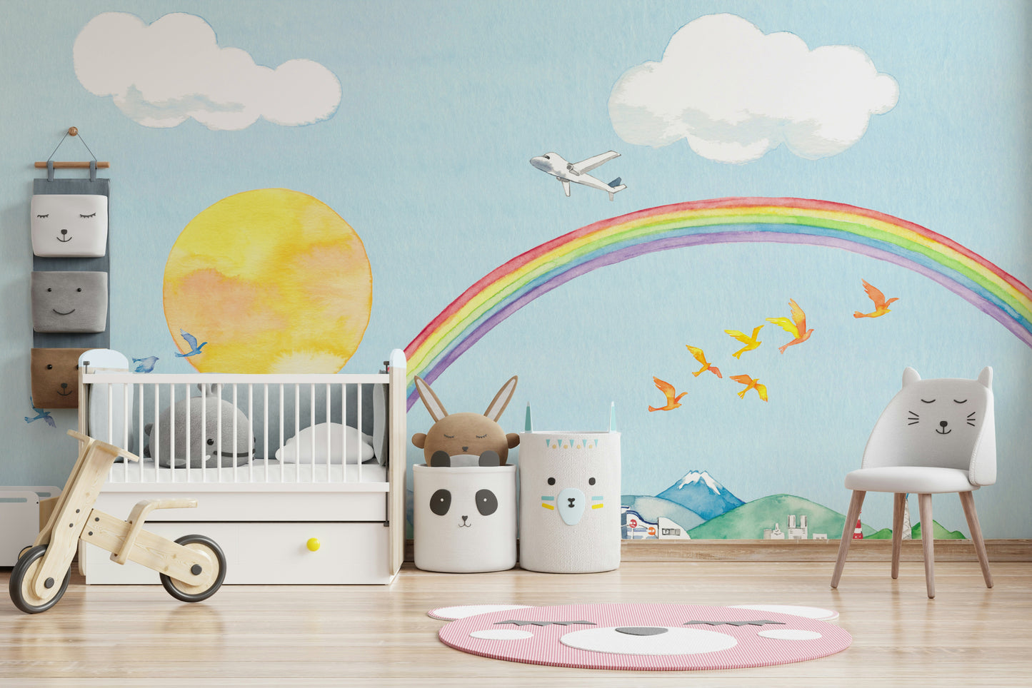 Rainbow Flight A Cityscape in Watercolor Wall Mural