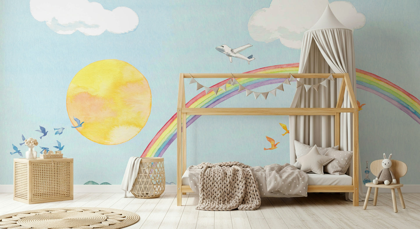 Rainbow Flight A Cityscape in Watercolor Wall Mural