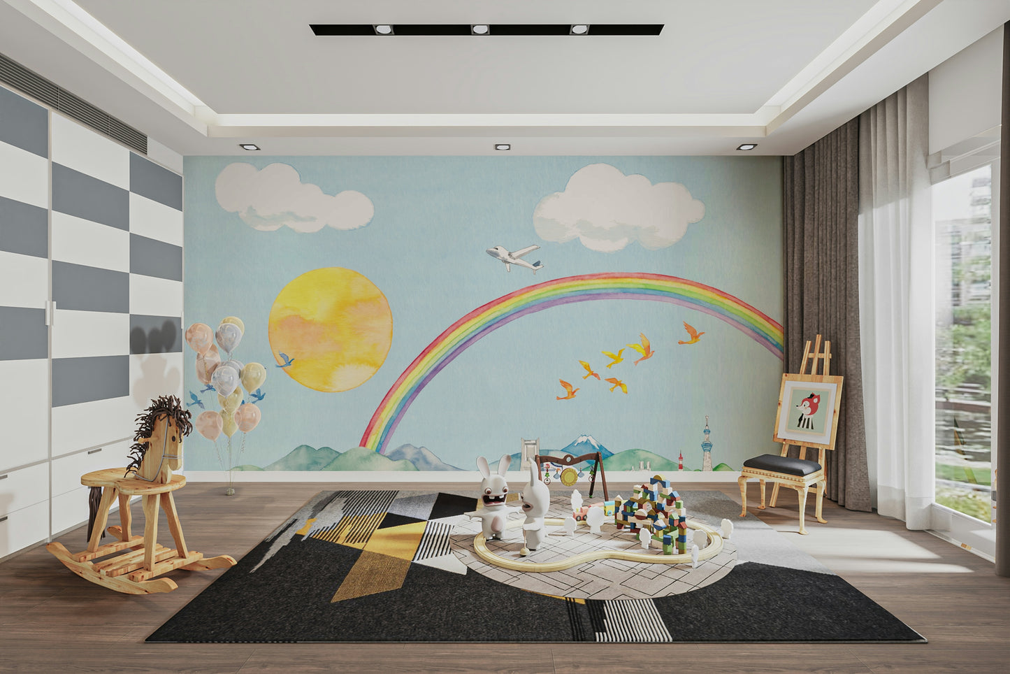 Rainbow Flight A Cityscape in Watercolor Wall Mural