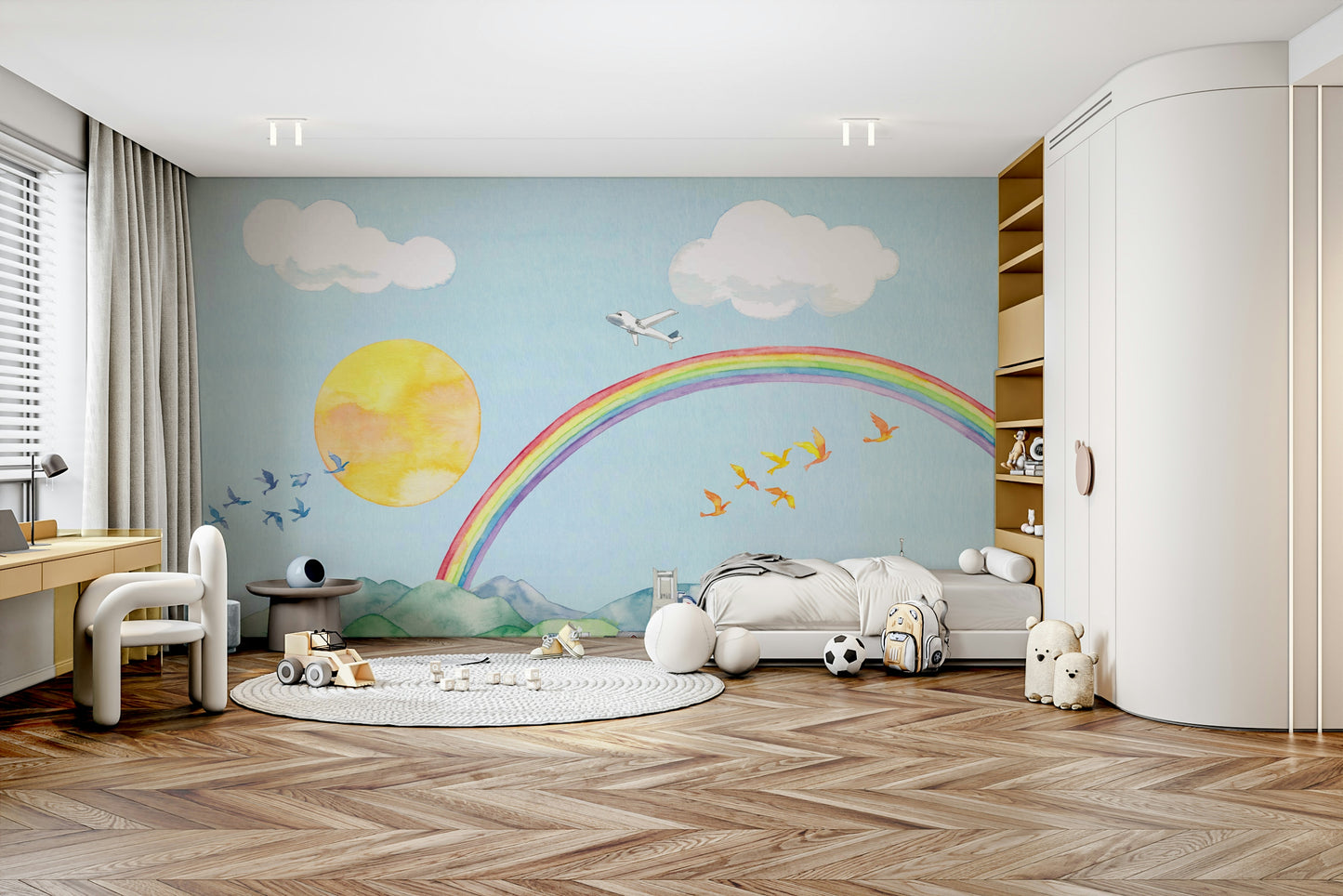 Rainbow Flight A Cityscape in Watercolor Wall Mural