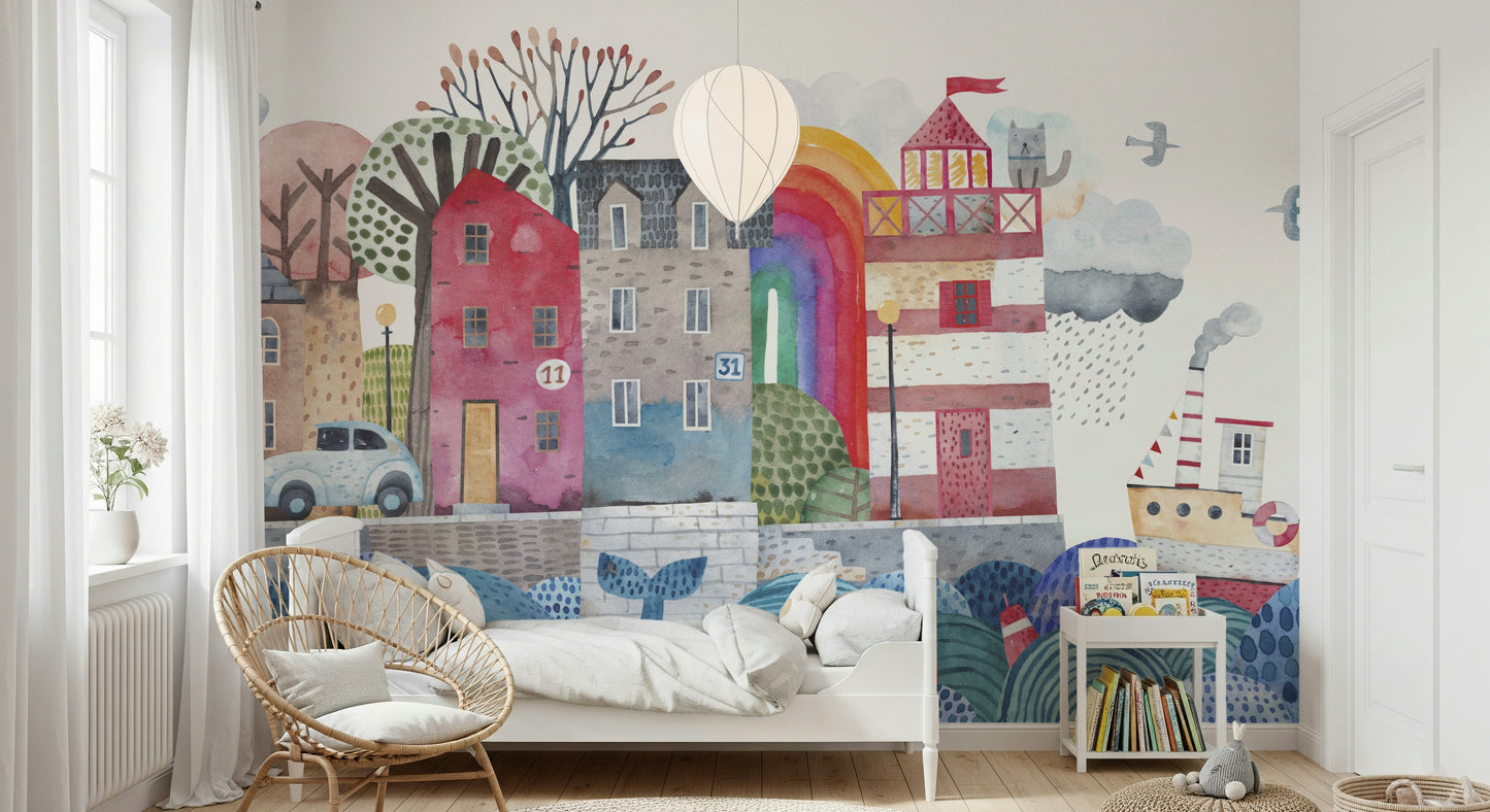 Coastal Village Watercolor Wall Mural