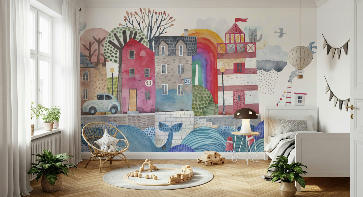 Coastal Village Watercolor Wall Mural