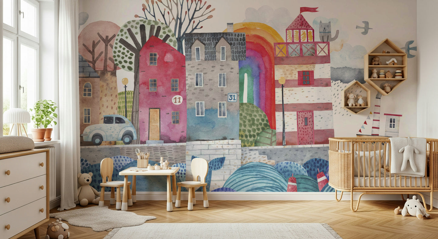 Coastal Village Watercolor Wall Mural
