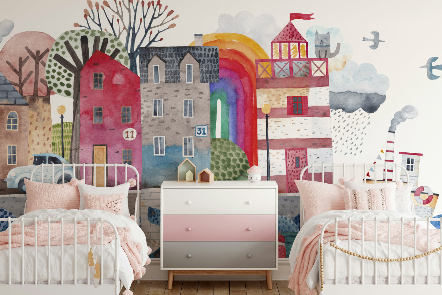 Coastal Village Watercolor Wall Mural