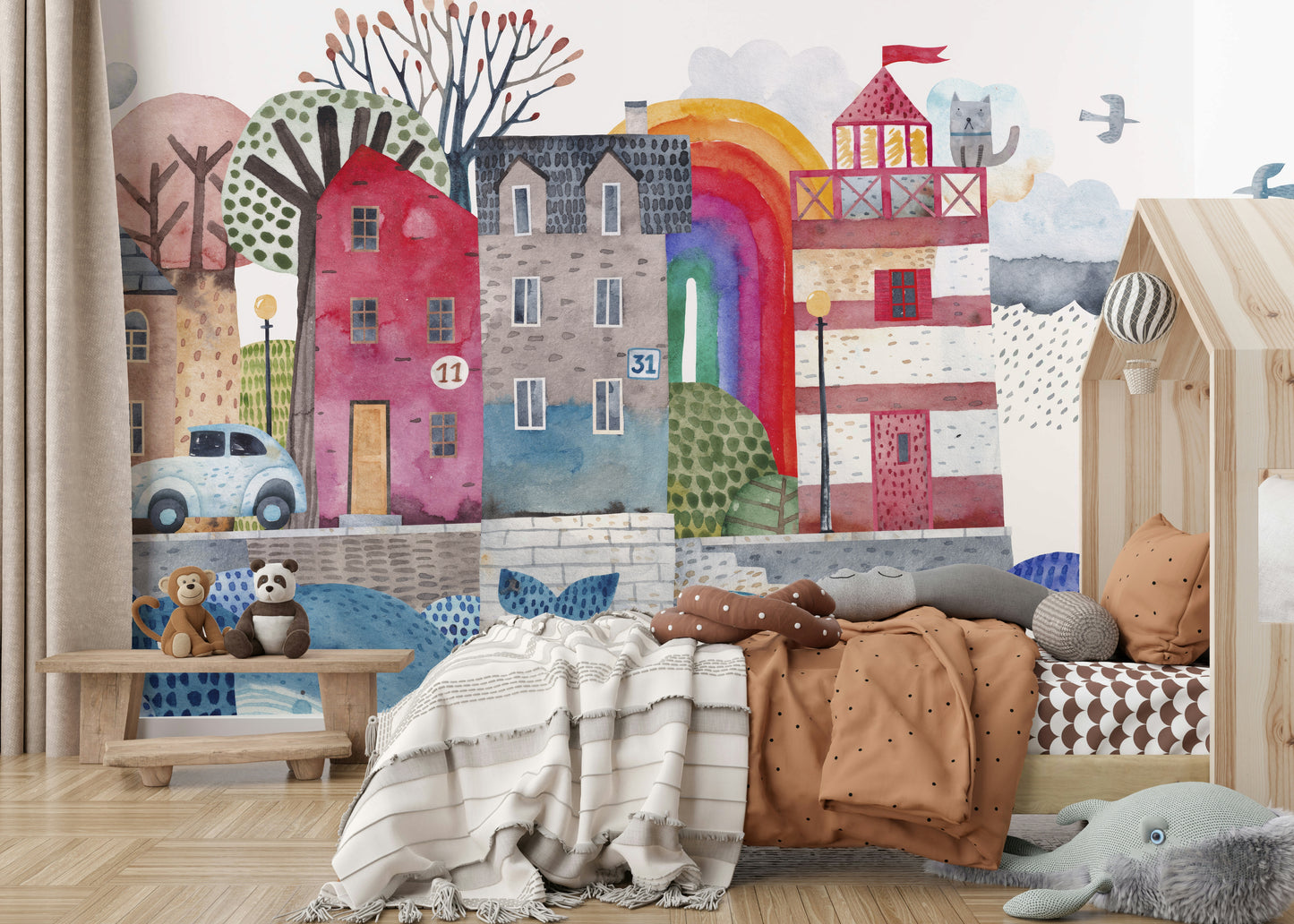 Coastal Village Watercolor Wall Mural
