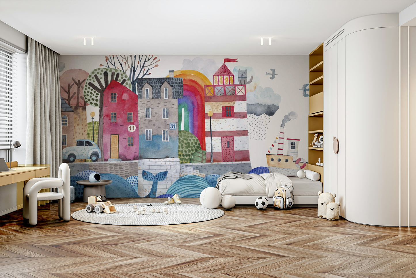 Coastal Village Watercolor Wall Mural