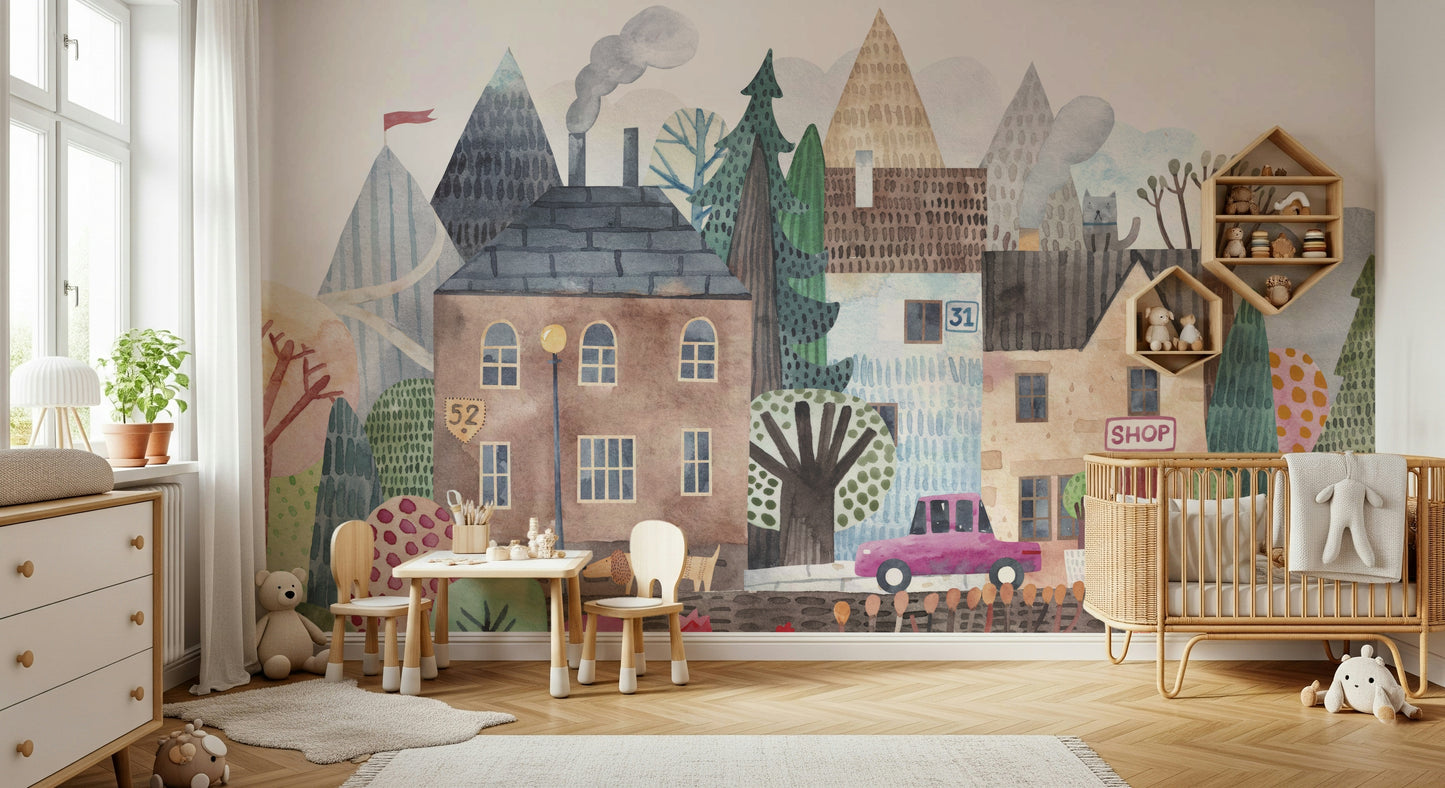 Watercolor Village Vista Wall Mural