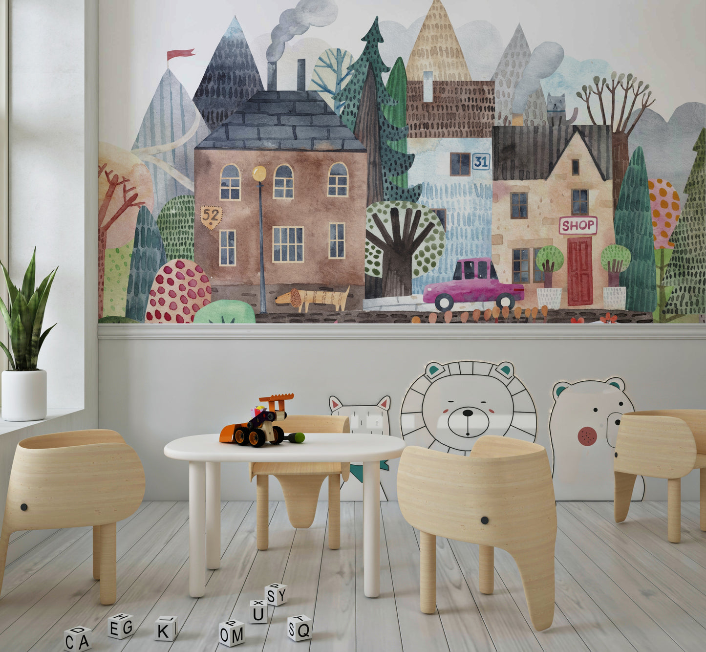 Watercolor Village Vista Wall Mural