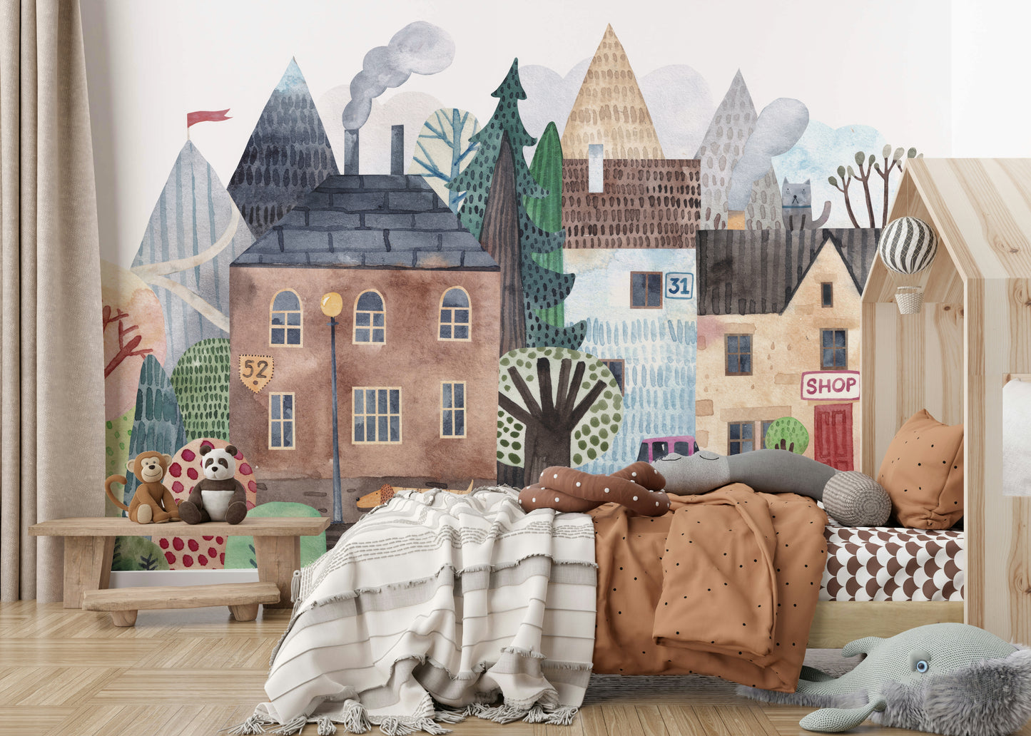 Watercolor Village Vista Wall Mural