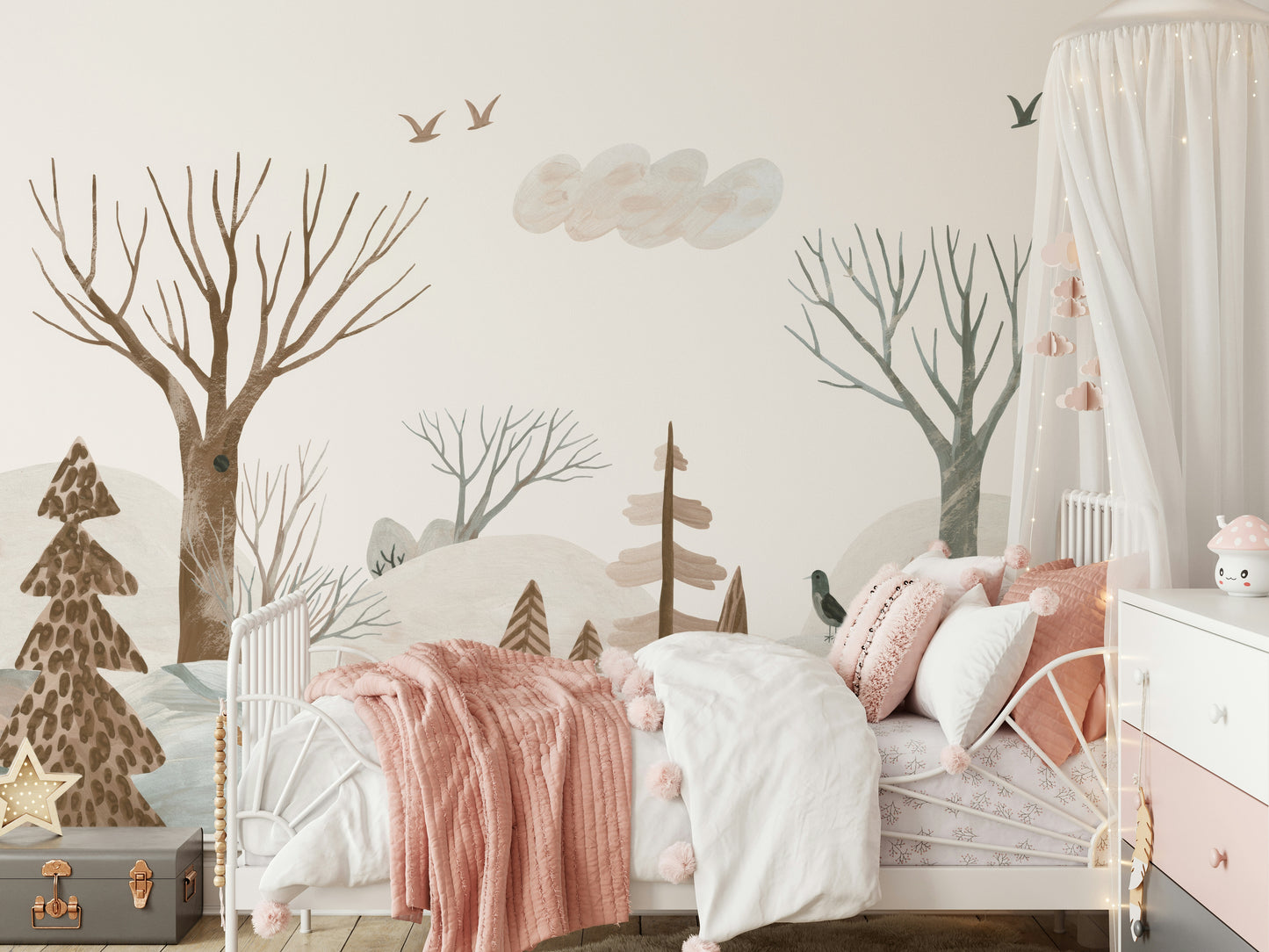 The mural gives a feeling of being in a gentle winter landscape.