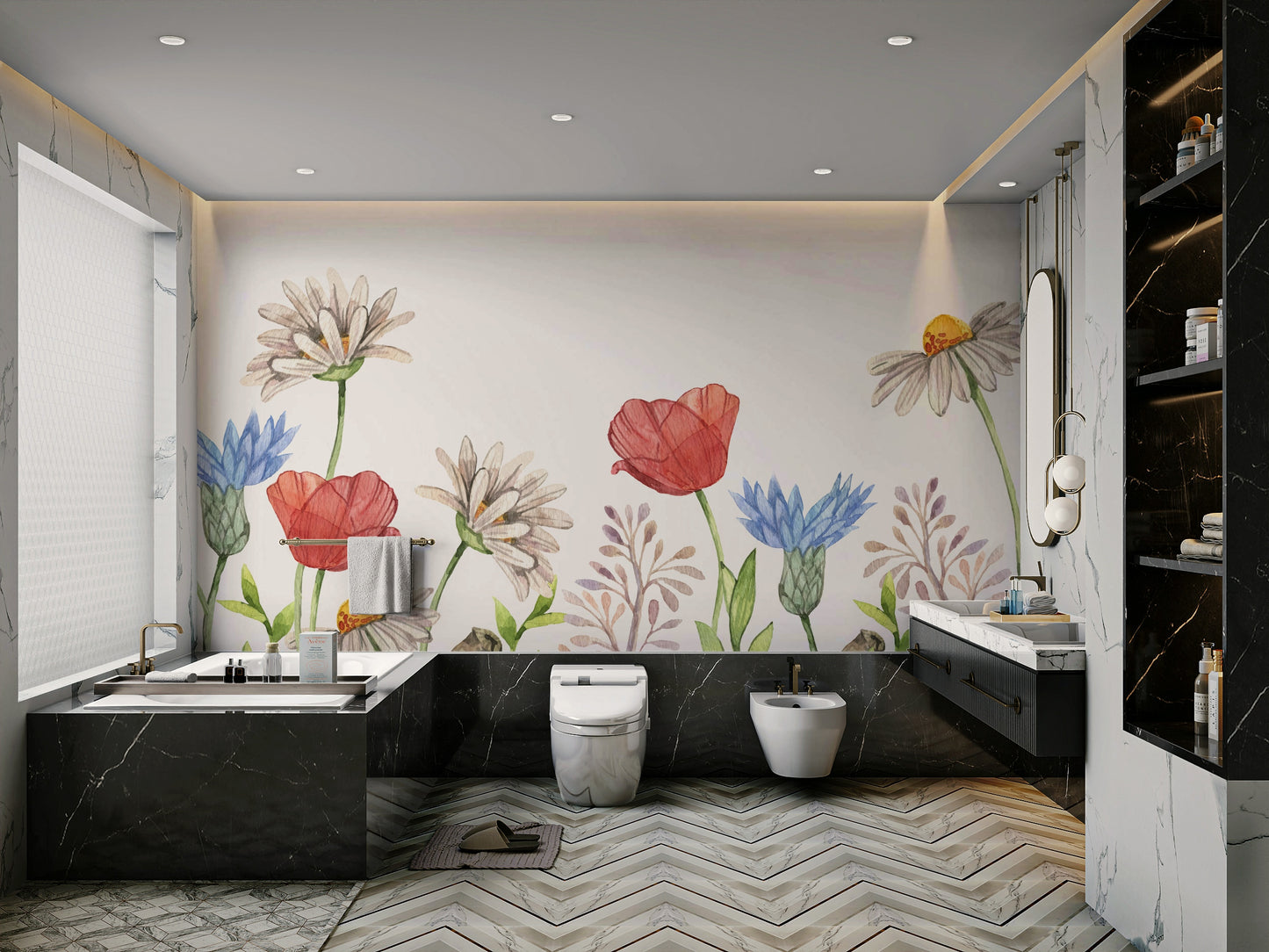 A wall mural featuring a watercolor floral painting.