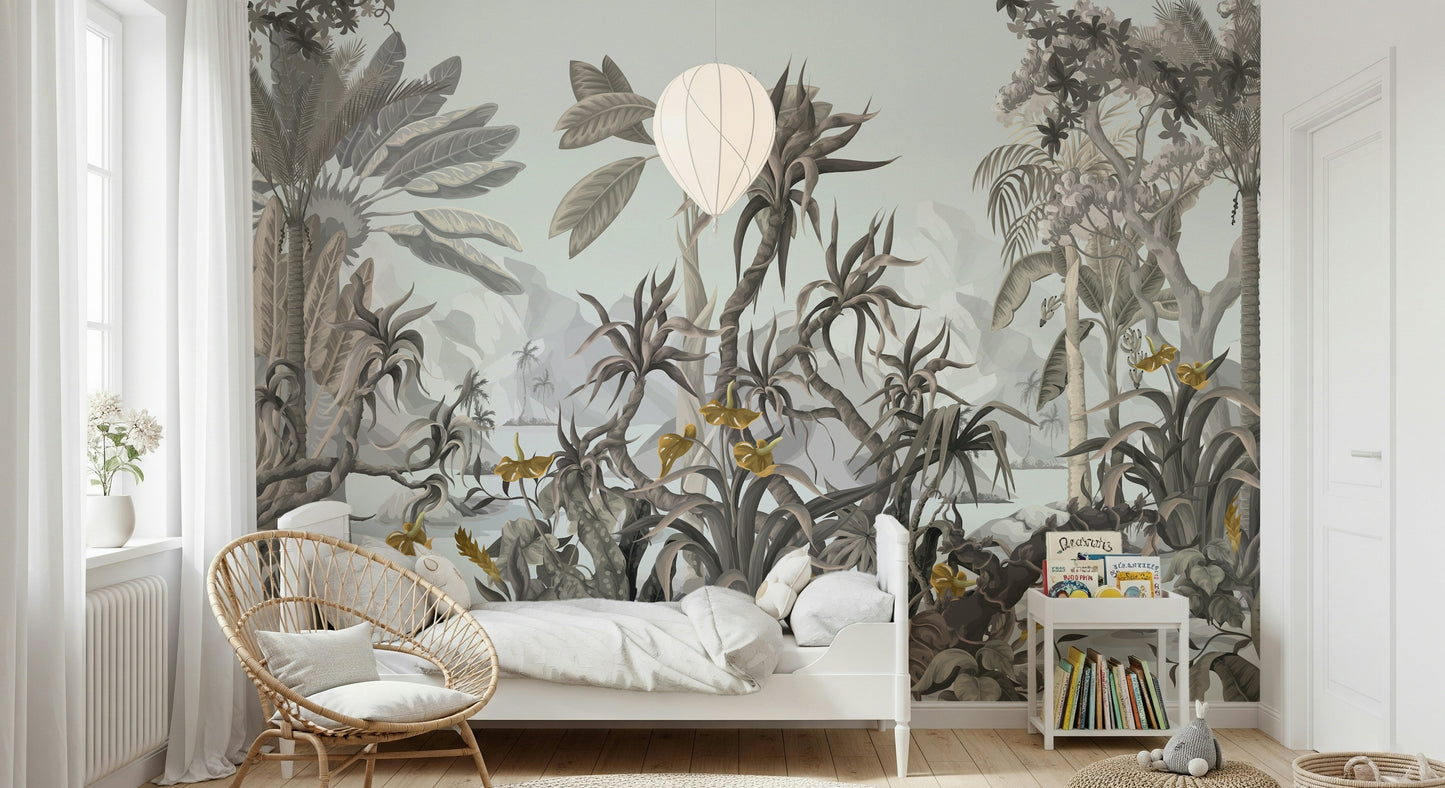 A wall mural featuring a serene, abstract landscape with a modern style.