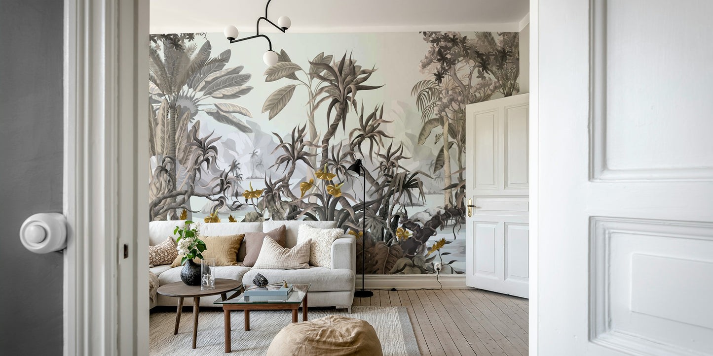 The image shows a full wall with a soft, minimalist scene of hills and a sky.