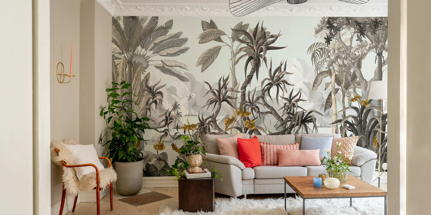 The room's lighting highlights the clean, sleek look of the mural.